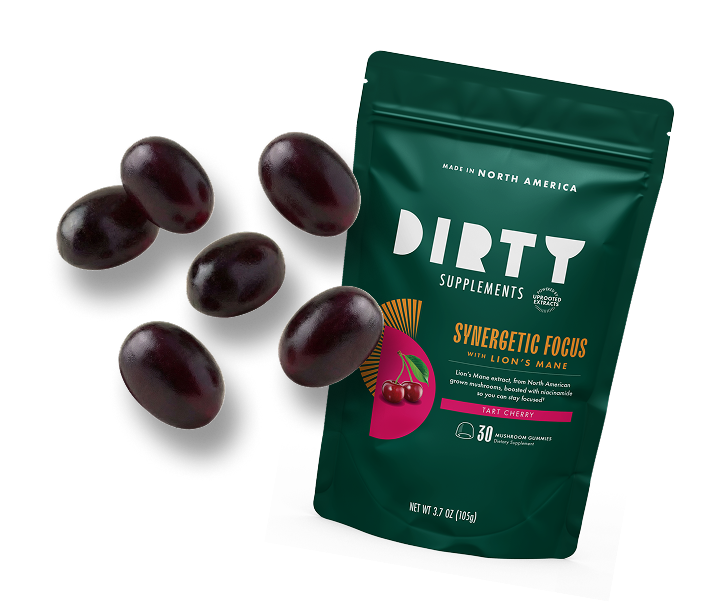 Dirty Supplements lion's mane gummies tart cherry flavor with green gummies