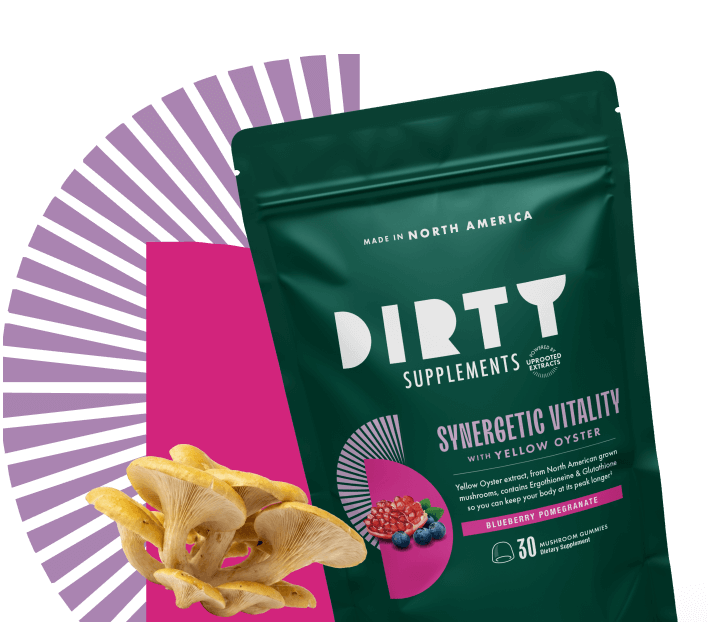 Dirt Supplements Synergetic Vitality yellow oyster mushroom gummies packaging.