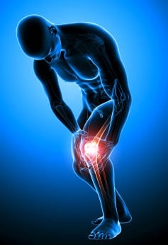 X-ray style illustration of a man bending over, clutching a knee glowing red