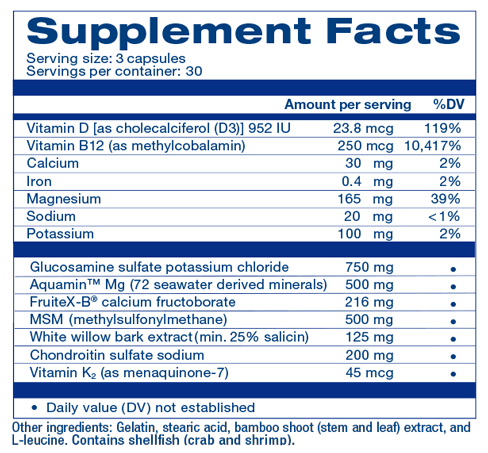 Super Joint Support Supplement Facts: glucosamine 750 mg, FruiteX-B 216 mg, MSM 500 mg, chondroitin 200 mg
