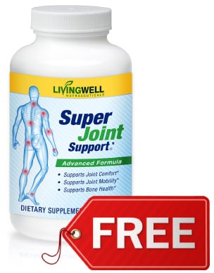Bottle of LivingWell Super Joint Support with a red FREE tag